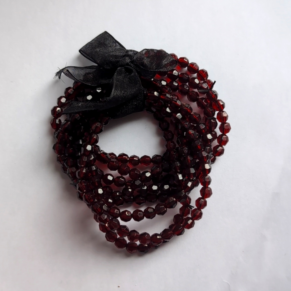 Ruby red faux garnet bead multi strand bracelet with ribbon bow